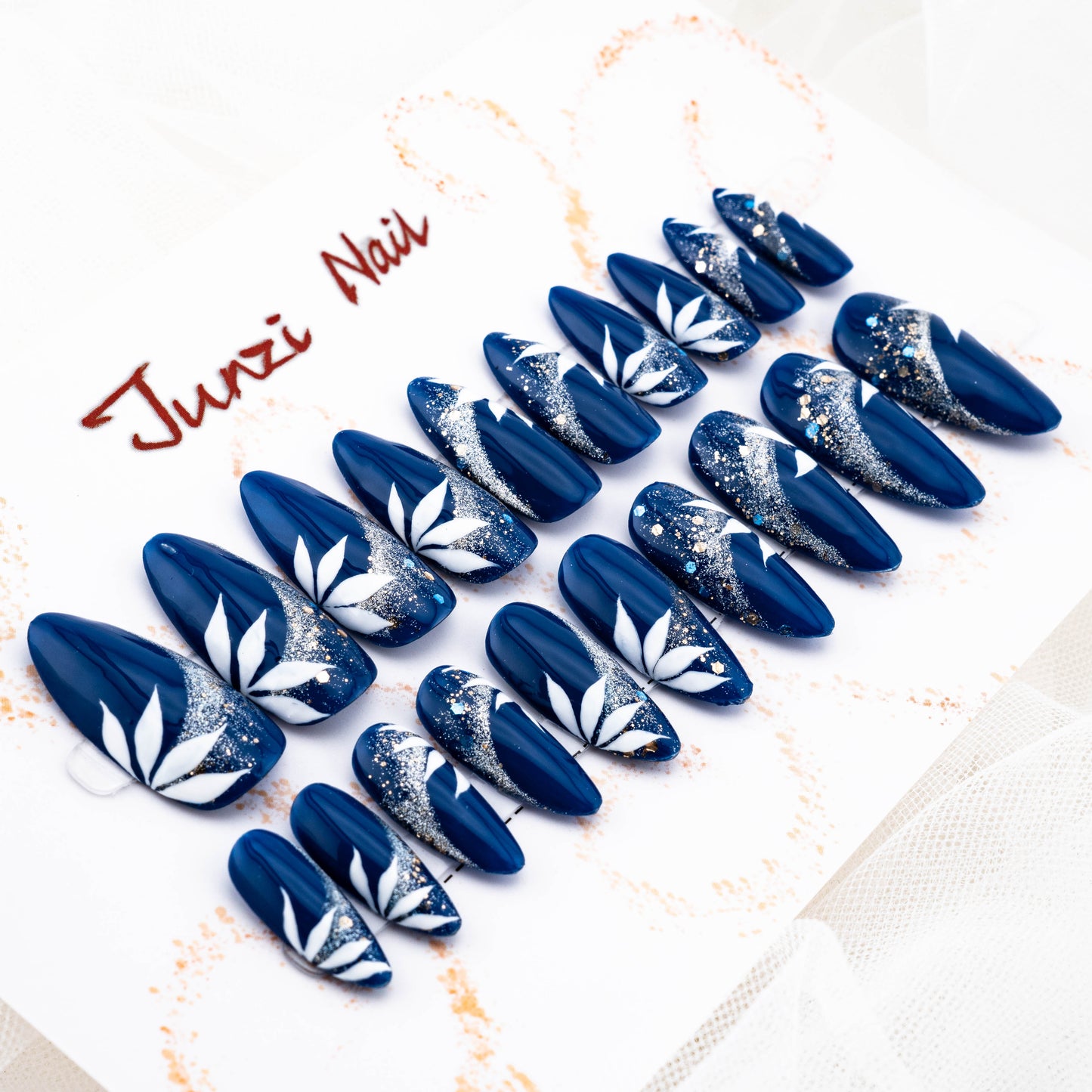 Midnight Sapphire Foliage Glitter Press On Nail