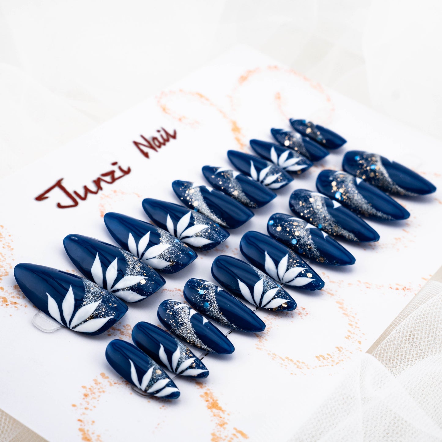 Midnight Sapphire Foliage Glitter Press On Nail