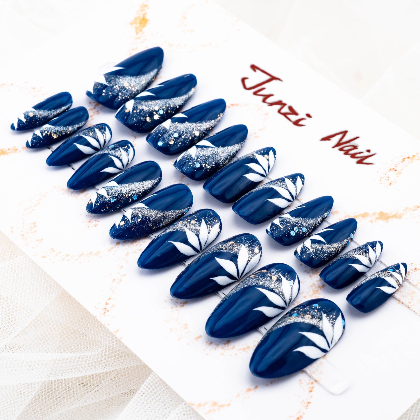 Midnight Sapphire Foliage Glitter Press On Nail