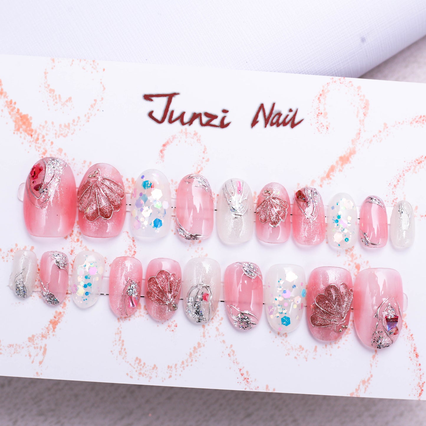Pink Amethyst Seashells Dream Glitter Press On Nail