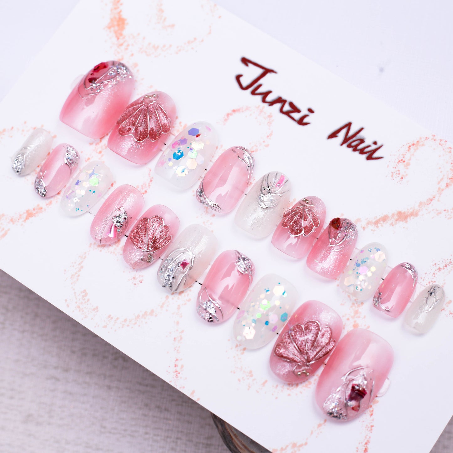 Pink Amethyst Seashells Dream Glitter Press On Nail