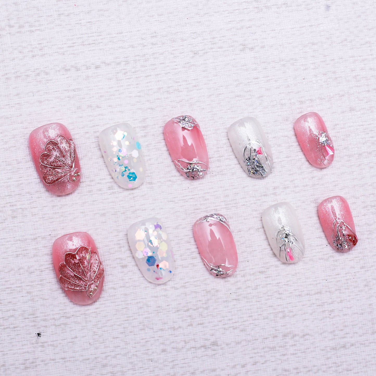 Pink Amethyst Seashells Dream Glitter Press On Nail