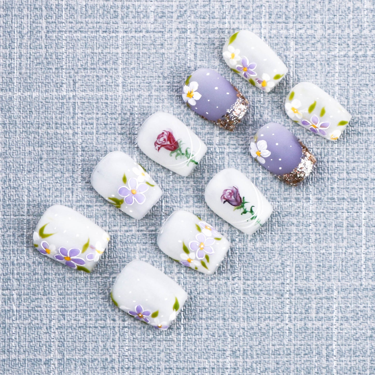 Lavender Rose Meadow Glitter Press On Nail