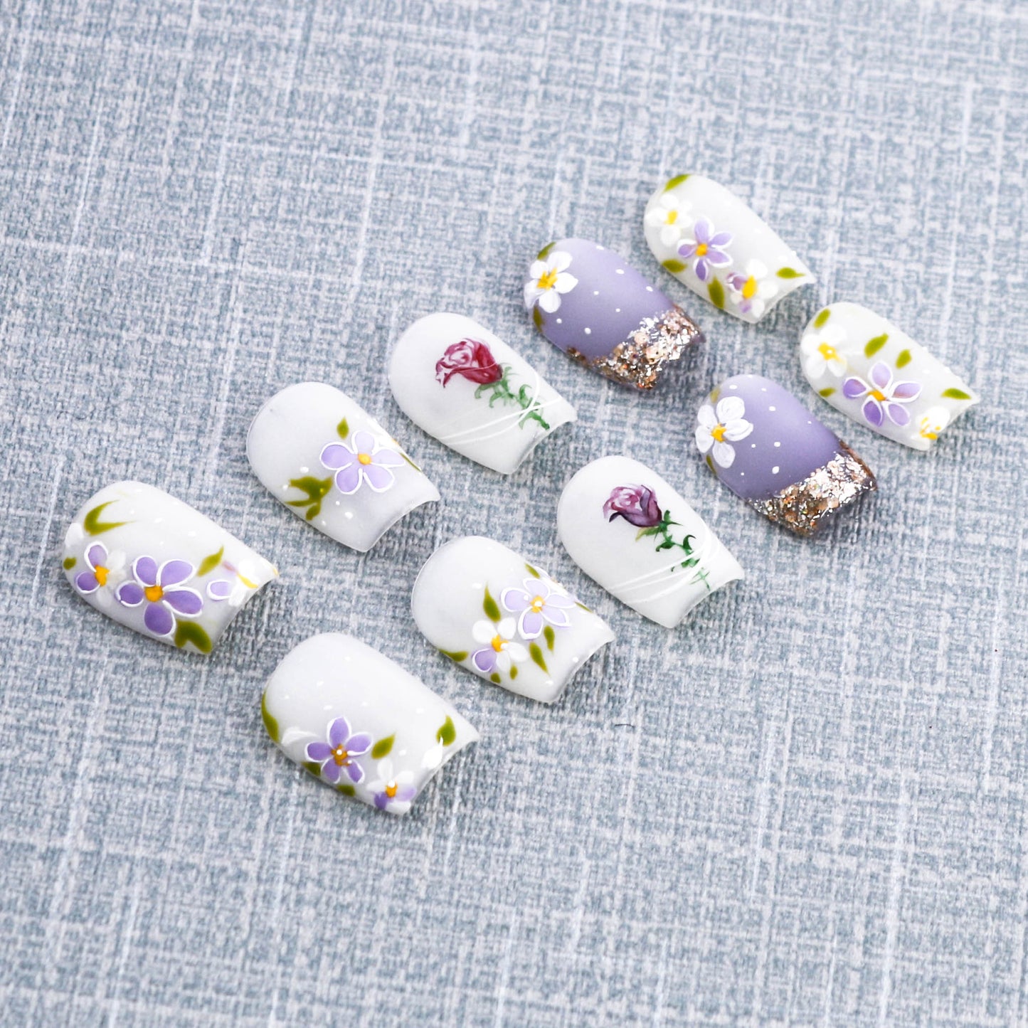 Lavender Rose Meadow Glitter Press On Nail