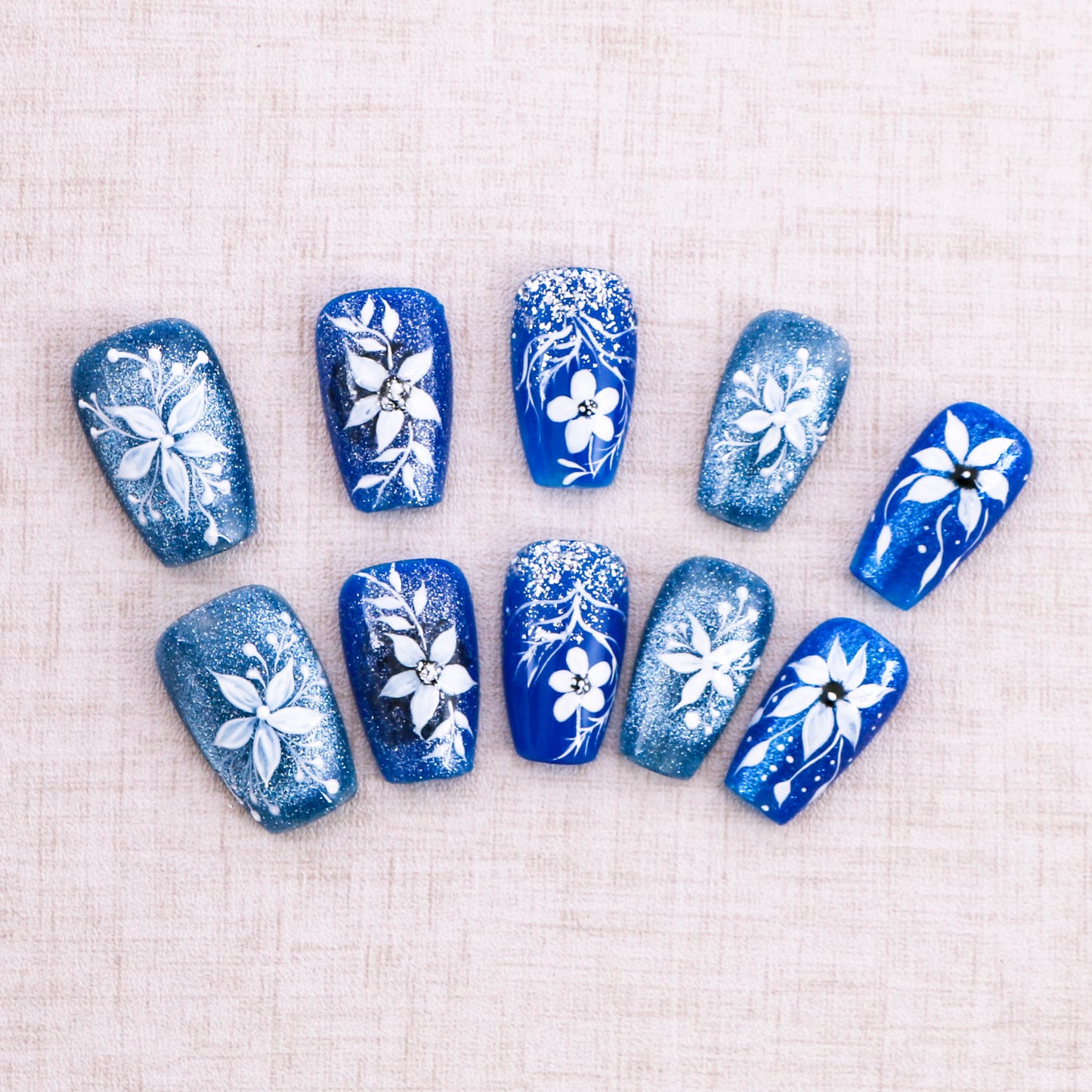 Sapphire Snowflora Glitter Press on Nail