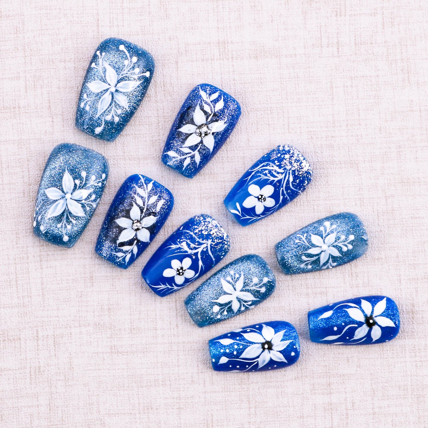 Sapphire Snowflora Glitter Press on Nail