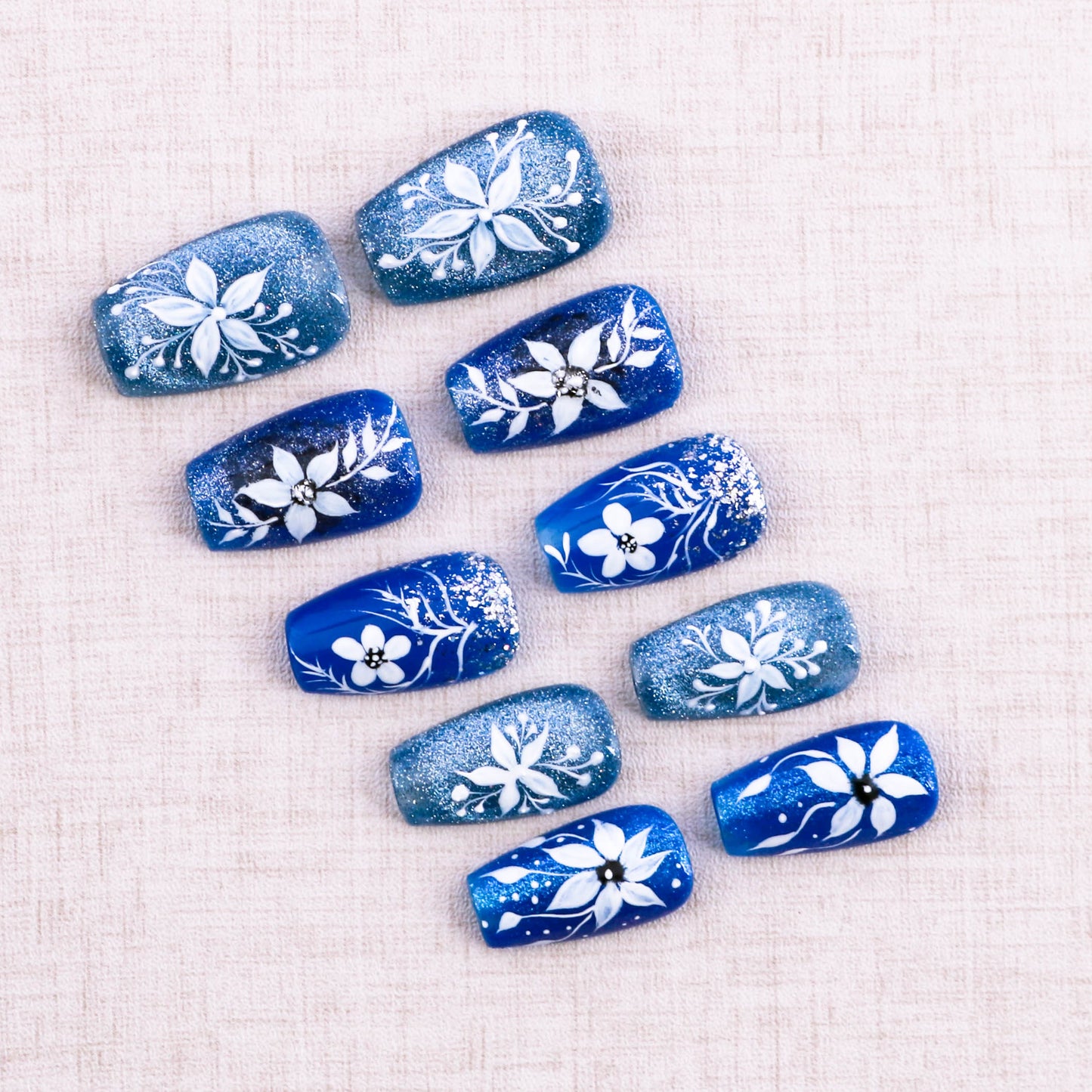 Sapphire Snowflora Glitter Press on Nail