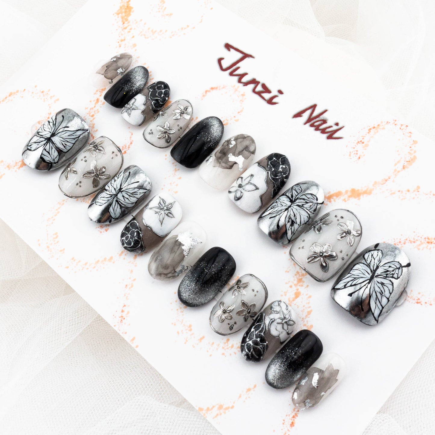Monochrome Garden Chrome Press On Nail