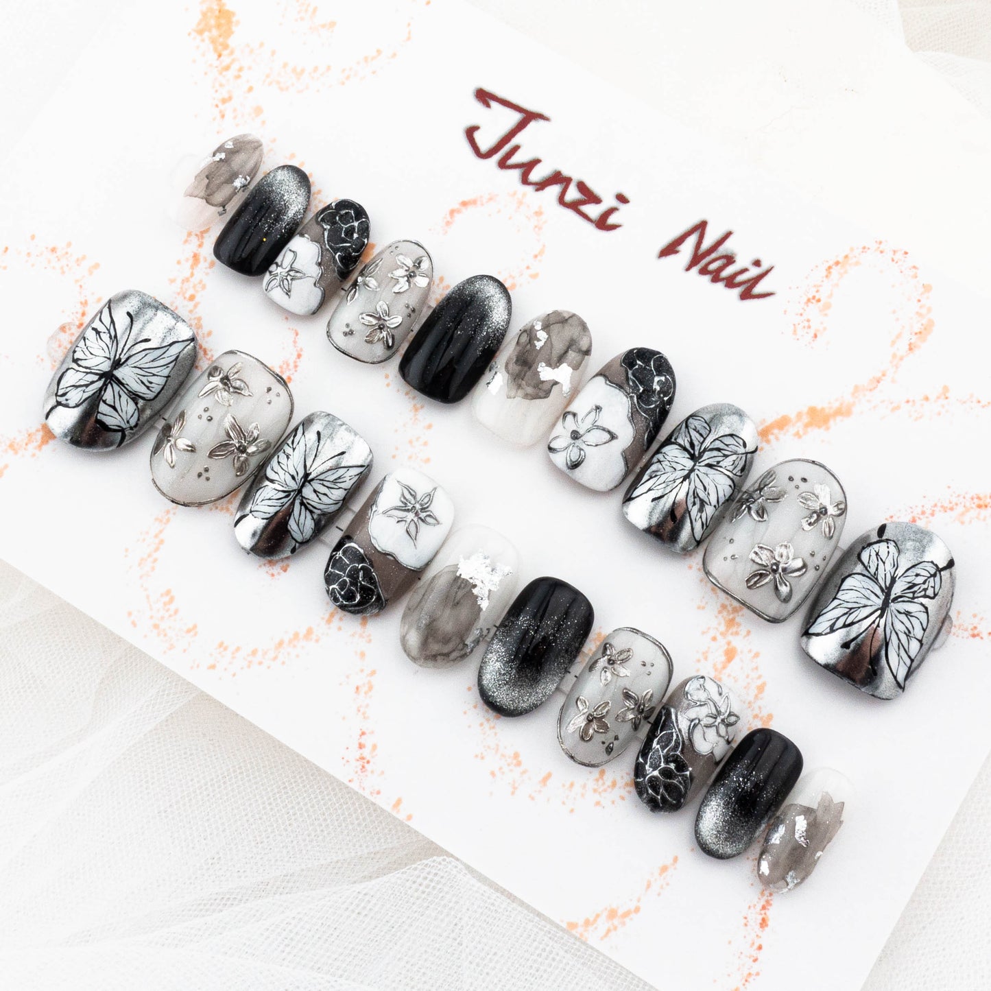 Monochrome Garden Chrome Press On Nail