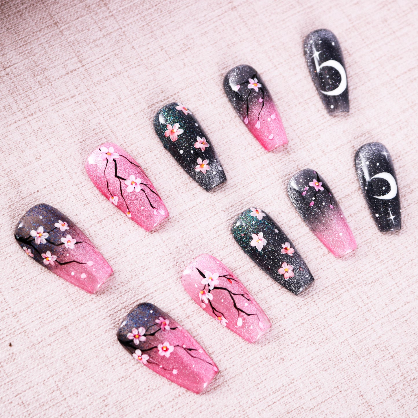 Midnight Sakura Glitter Press on Nail