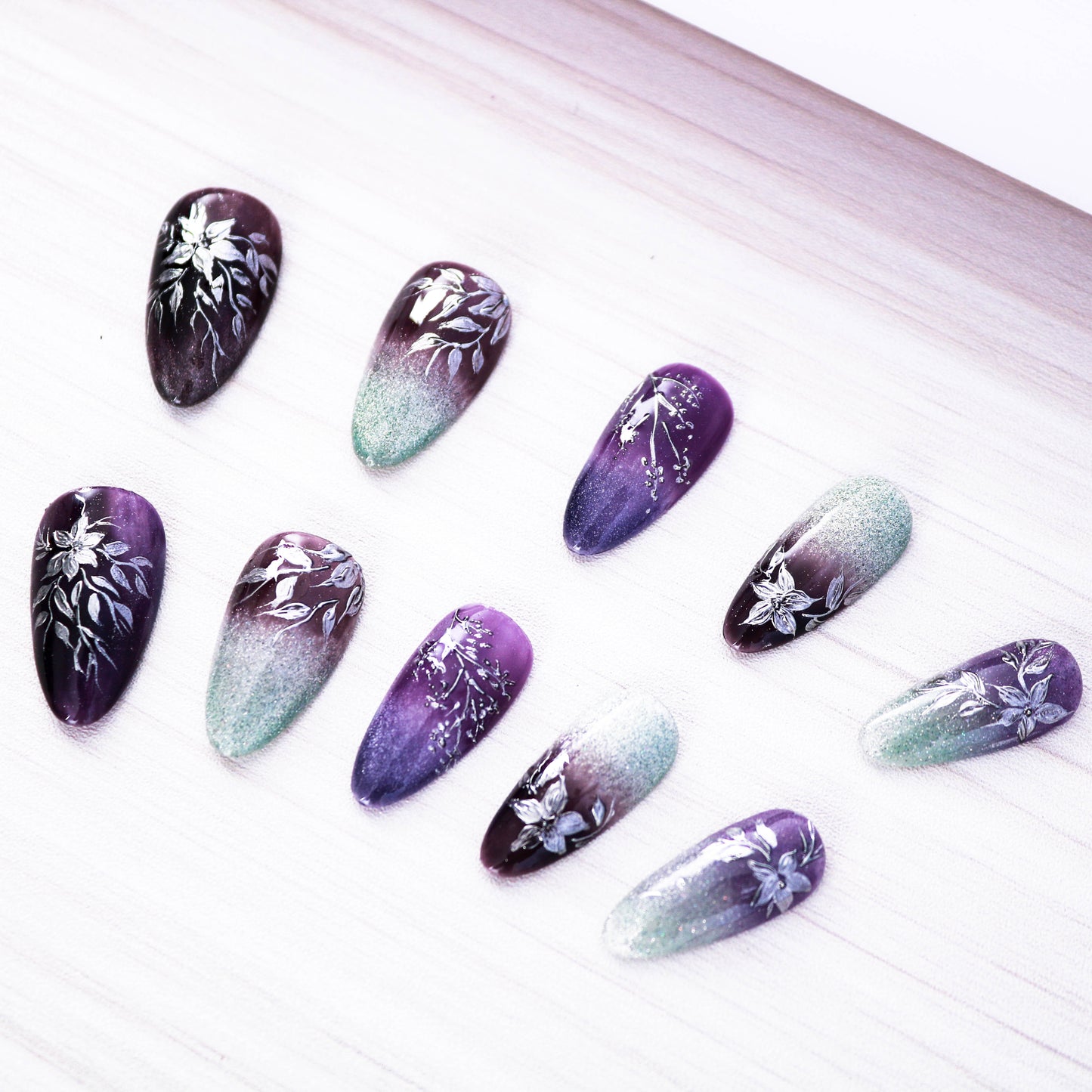 Purple Midnight Garden Handmade Press on Nail