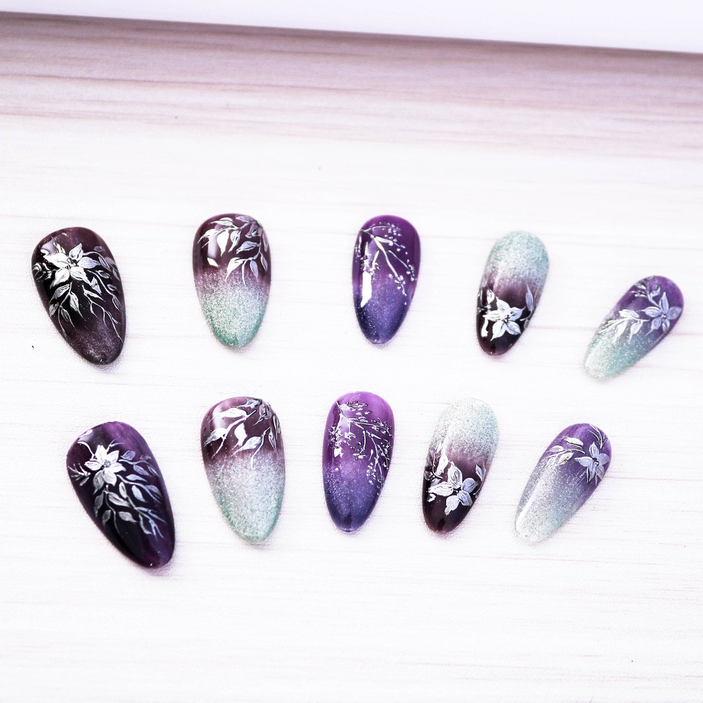 Purple Midnight Garden Handmade Press on Nail