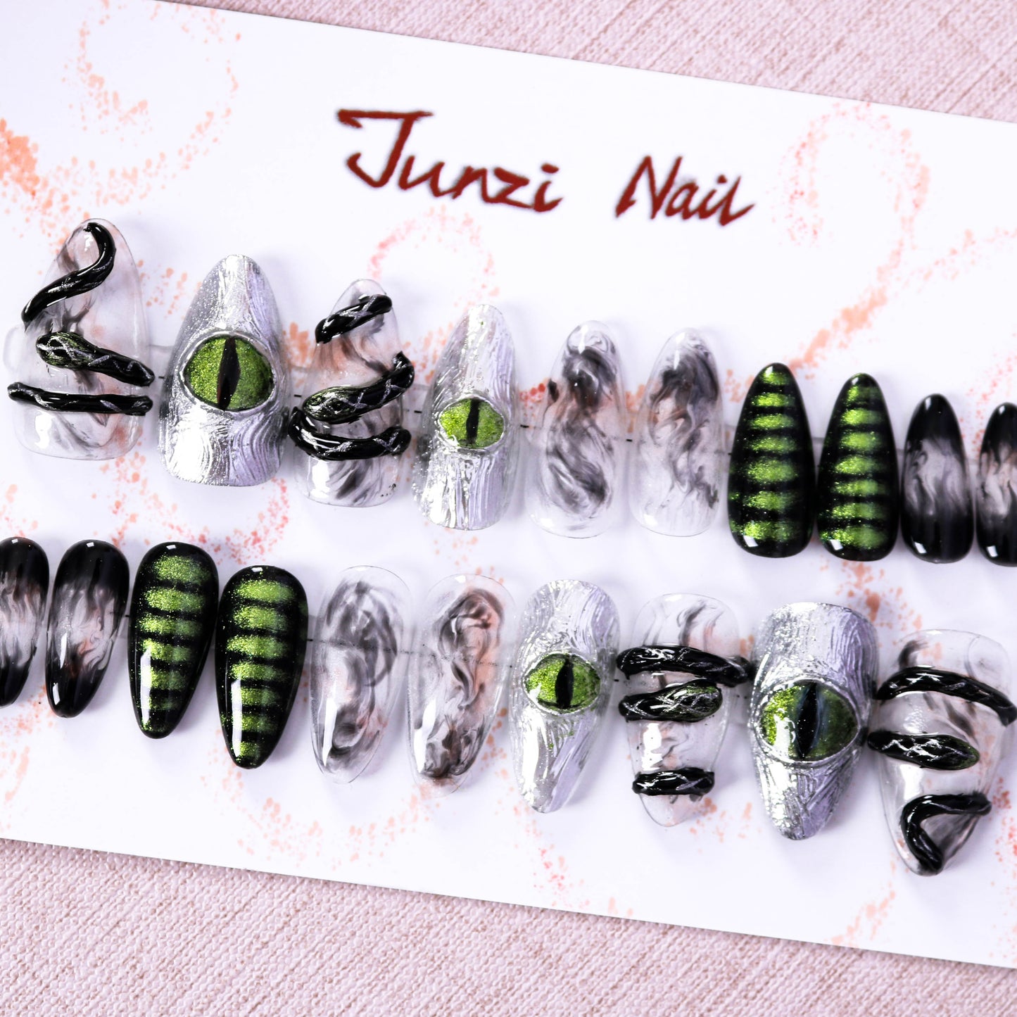 Green Cyberpunk Snake Deviled Eyes Glitter Press on Nail