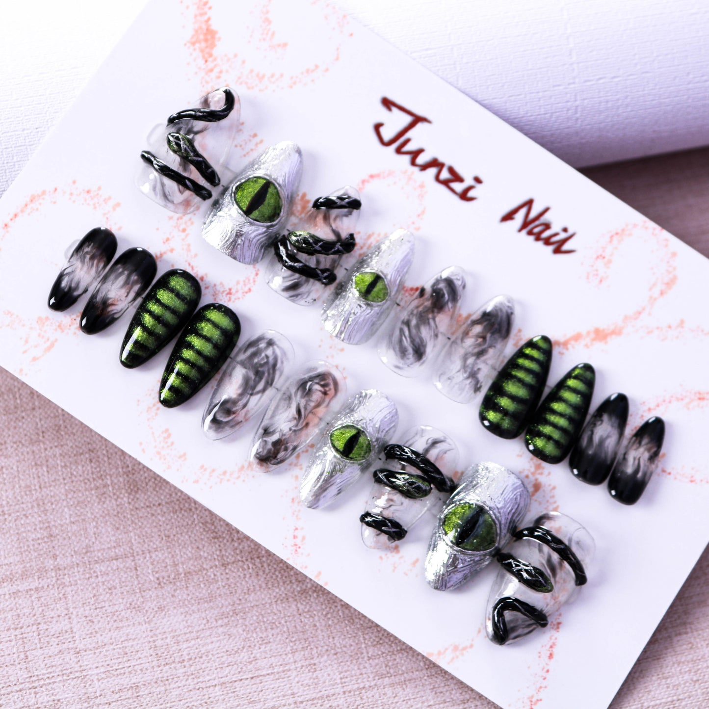 Green Cyberpunk Snake Deviled Eyes Glitter Press on Nail