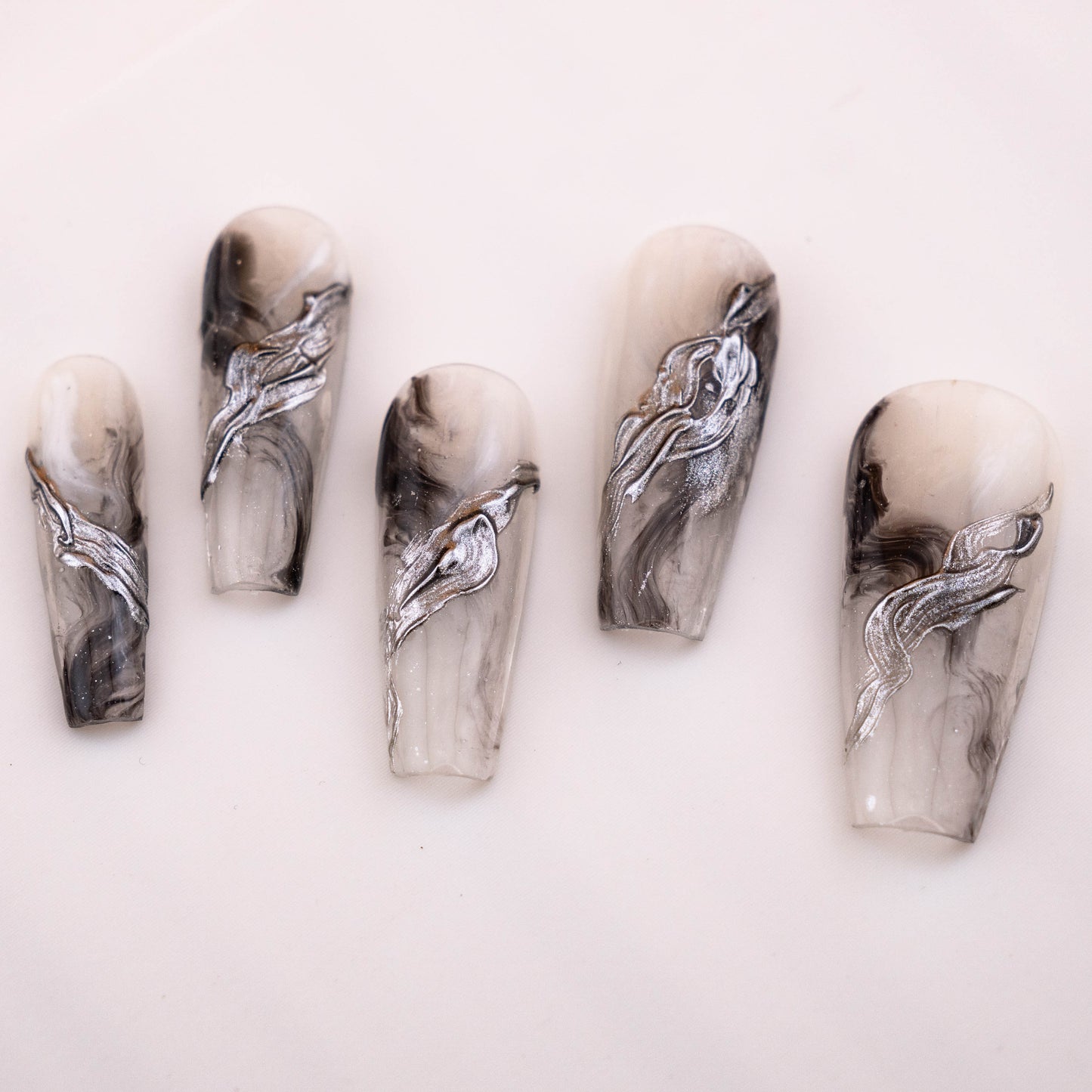 Silver Ink Painting Yin Yang Press On Nail